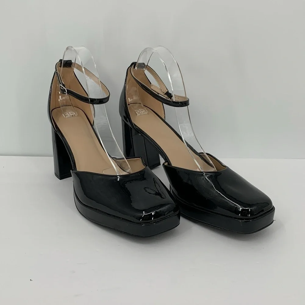 BP D'Orsay black patent pumps ankle strap chunky heel platform shoe Drag 14